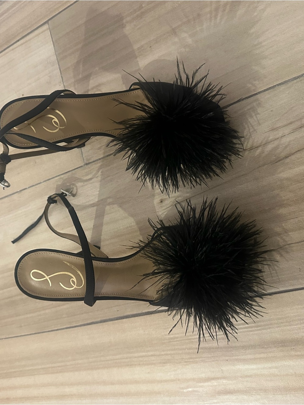 Sam Edelman Black Feather Pom-Pom Ankle-Strap Heels - Picture 3 of 3